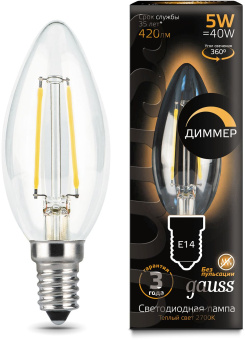 Лампа филам. Gauss Filament 5Вт цок.:E14 свеча 220B 2700K св.свеч.бел.теп. (упак.:10шт) (103801105-D) - купить недорого с доставкой в интернет-магазине
