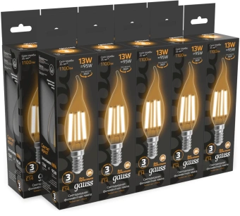 Лампа филам. Gauss Filament 13Вт цок.:E14 свеча 220B св.свеч.бел.теп. (упак.:10шт) (104801113) - купить недорого с доставкой в интернет-магазине