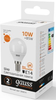 Лампа светодиодная Gauss Elementary 10Вт цок.:E14 шар 220B св.свеч.бел.теп. (упак.:10шт) (53110) - купить недорого с доставкой в интернет-магазине