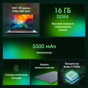 Ноутбук Digma Pro Pactos Ryzen 5 7530U 16Gb SSD512Gb AMD Radeon Graphics 16" IPS WUXGA (1920x1200) Windows 11 Pro dk.grey WiFi BT Cam 5500mAh (DN16R5-ADXW03) - купить недорого с доставкой в интернет-магазине