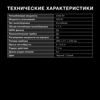 Пылесос Hyundai HYV-C2530 2200Вт черный/синий - купить недорого с доставкой в интернет-магазине