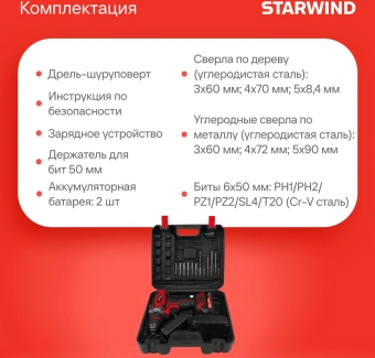 Дрель-шуруповерт Starwind CD20-2.0/2.0S1 40Вт аккум. патрон:быстрозажимной (кейс в комплекте) - купить недорого с доставкой в интернет-магазине