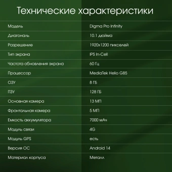 Планшет Digma Pro Infinity G85 (2.0) 8C RAM8Gb ROM128Gb 10.1" In-Cell 1920x1200 4G 2Sim Android 14 голубой 13Mpix 5Mpix BT WiFi microSD 256Gb 7000mAh - купить недорого с доставкой в интернет-магазине