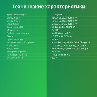 Мобильный аккумулятор Digma DGPF10A 10000mAh QC3.0/PD3.0 22.5W 3A 2xUSB-A/USB-C черный (DGPF10A22PBK) - купить недорого с доставкой в интернет-магазине