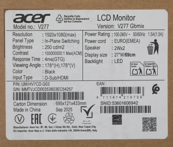 Монитор Acer 27" Vero V277Gbmix черный IPS LED 4ms 16:9 HDMI M/M матовая 250cd 178гр/178гр 1920x1080 120Hz FreeSync VGA FHD 3.64кг - купить недорого с доставкой в интернет-магазине