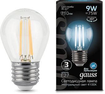 Лампа филам. Gauss 9Вт цок.:E27 шар 220B св.свеч.бел.нейт. G45 (упак.:10шт) (105802209) - купить недорого с доставкой в интернет-магазине