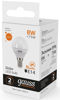 Лампа светодиодная Gauss 8Вт цок.:E14 шар 220B св.свеч.бел.теп. G45 (упак.:1шт) (53118) - купить недорого с доставкой в интернет-магазине