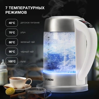 Чайник электрический Hyundai HYK-S5807 1.7л. 2200Вт белый/серебристый корпус: стекло/металл - купить недорого с доставкой в интернет-магазине