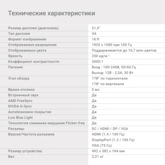 Монитор Digma 21.5" Progress 22A501F черный VA LED 5ms 16:9 HDMI M/M матовая 250cd 178гр/178гр 1920x1080 100Hz G-Sync FreeSync VGA DP FHD 2.2кг - купить недорого с доставкой в интернет-магазине