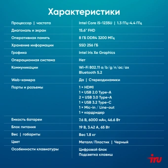 Ноутбук IRU Strato 15ALI Core i5 1235U 8Gb SSD256Gb Intel Iris Xe graphics 15.6" IPS FHD (1920x1080) FreeDOS black WiFi BT Cam 6000mAh (2058943) - купить недорого с доставкой в интернет-магазине