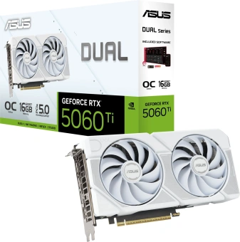 Видеокарта Asus PCI-E 5.0 DUAL-RTX5060TI-O16G-WHITE NVIDIA GeForce RTX 5060TI 16Gb 128bit GDDR7 2602/28000 HDMIx1 DPx3 HDCP Ret - купить недорого с доставкой в интернет-магазине