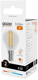Лампа филам. Gauss Filament 8Вт цок.:E14 шар св.свеч.бел.теп. (упак.:10шт) (52118) - купить недорого с доставкой в интернет-магазине