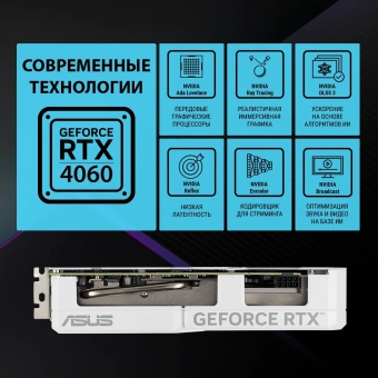 Видеокарта Asus PCI-E 4.0 DUAL-RTX4060-O8G-EVOWHITE NVIDIA GeForce RTX 4060 8Gb 128bit GDDR6 2505/17000 HDMIx1 DPx3 HDCP Ret - купить недорого с доставкой в интернет-магазине