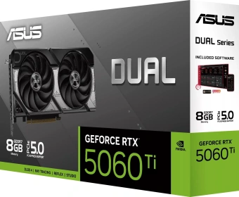 Видеокарта Asus PCI-E 5.0 DUAL-RTX5060TI-8G NVIDIA GeForce RTX 5060TI 8Gb 128bit GDDR7 2572/28000 HDMIx1 DPx3 HDCP Ret - купить недорого с доставкой в интернет-магазине