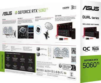 Видеокарта Asus PCI-E 5.0 DUAL-RTX5060TI-O16G-WHITE NVIDIA GeForce RTX 5060TI 16Gb 128bit GDDR7 2602/28000 HDMIx1 DPx3 HDCP Ret - купить недорого с доставкой в интернет-магазине