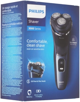 Бритва роторная Philips Series 3000 S3144/00 реж.эл.:3 питан.:аккум. черный/синий - купить недорого с доставкой в интернет-магазине