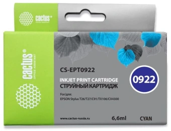 Картридж струйный Cactus CS-EPT0922 T0922 голубой (6.6мл) для Epson Stylus C91/CX4300/T26/T27/TX106/TX109/TX117/TX119 с чипом - купить недорого с доставкой в интернет-магазине