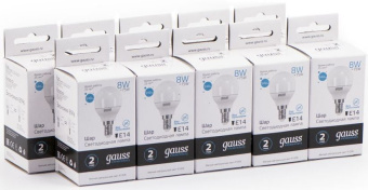 Лампа светодиодная Gauss Elementary 8Вт цок.:E14 шар 220B 4100K св.свеч.бел.ней. P45 (упак.:10шт) (53128) - купить недорого с доставкой в интернет-магазине