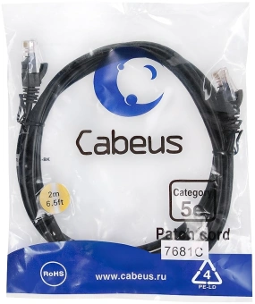 Патч-корд Cabeus PC-UTP-RJ45-CAT.5E-2M-BK U/UTP RJ-45 вил.-вилка RJ-45 кат.5E 2м черный ПВХ - купить недорого с доставкой в интернет-магазине