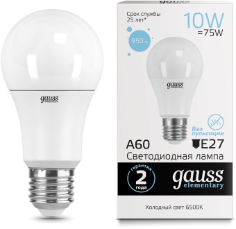 Лампа светодиодная Gauss Elementary 10Вт цок.:E27 груша 220B 6500K св.свеч.бел.хол. A60 (упак.:10шт) (23230) - купить недорого с доставкой в интернет-магазине