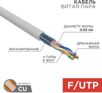 Кабель информационный Rexant 01-0143-R кат.5E F/UTP 4 пары 24AWG PVC внутренний 305м серый - купить недорого с доставкой в интернет-магазине
