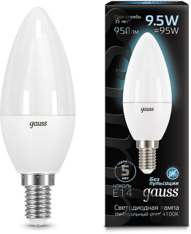 Лампа светодиодная Gauss 9.5Вт цок.:E14 свеча 220B св.свеч.бел.нейт. 35-C (упак.:1шт) (103101210) - купить недорого с доставкой в интернет-магазине