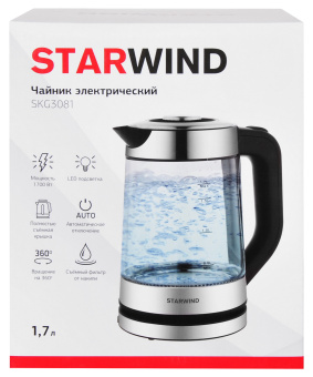 Чайник электрический Starwind SKG3081 1.7л. 1700Вт черный/серебристый (корпус: стекло) - купить недорого с доставкой в интернет-магазине