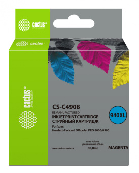 Картридж струйный Cactus CS-C4908 №940XL пурп.пигм. (30мл) для HP OfficeJet 8000 с чипом - купить недорого с доставкой в интернет-магазине