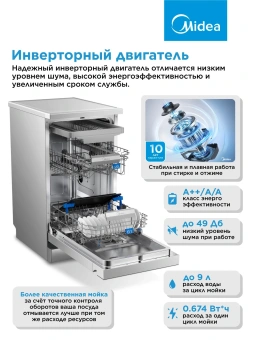Посудомоечная машина Midea MFD45S460SI серебристый (узкая) инвертор - купить недорого с доставкой в интернет-магазине