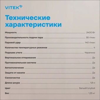 Утюг Vitek VT-8336 2400Вт белый/бирюзовый - купить недорого с доставкой в интернет-магазине