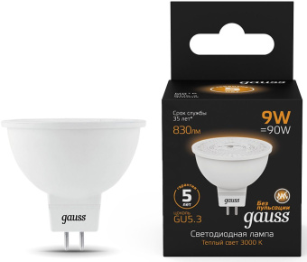 Лампа светодиодная Gauss 101505109 9Вт цок.:GU5.3 рефлек. 150B 3000K св.свеч.бел.теп. MR16 (упак.:1шт) - купить недорого с доставкой в интернет-магазине