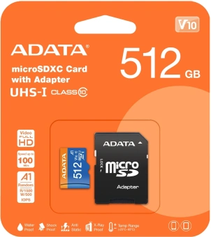 Флеш карта microSDXC 512GB A-Data AUSDX512GUICL10A1-RA1 Premier + adapter - купить недорого с доставкой в интернет-магазине