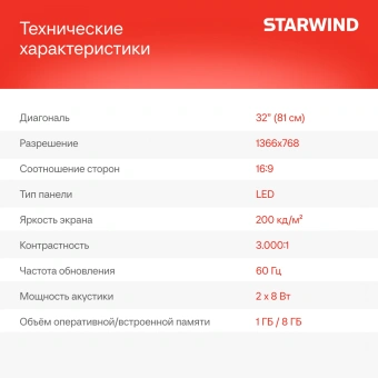 Телевизор LED Starwind 32" SW-LED32SG300 Яндекс.ТВ Frameless черный/черный HD 60Hz DVB-T DVB-T2 DVB-C DVB-S DVB-S2 USB WiFi Smart TV - купить недорого с доставкой в интернет-магазине