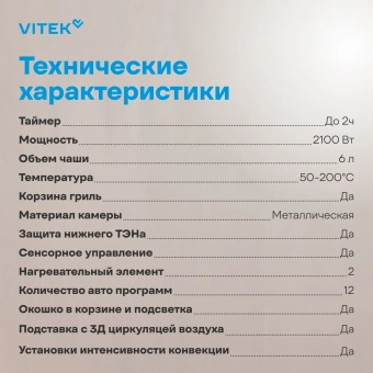 Аэрогриль Vitek VT-AF2001 6л 2100Вт серый/черный - купить недорого с доставкой в интернет-магазине