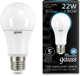 Лампа светодиодная Gauss A70 22Вт цок.:E27 груша 220B 4100K св.свеч.бел.ней. (упак.:1шт) (102502222) - купить недорого с доставкой в интернет-магазине