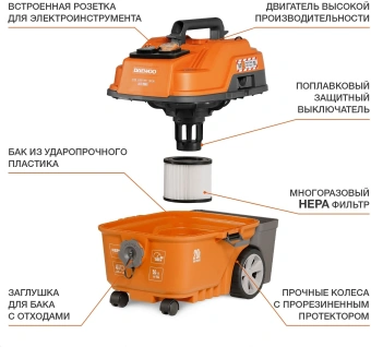Строительный пылесос Daewoo DAVC 2000S 1500Вт (уборка: сухая/влажная/выдув/сбор воды) оранжевый - купить недорого с доставкой в интернет-магазине