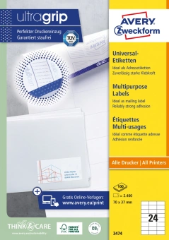 Этикетки Avery Zweckform 3474 A4 70x37мм 24шт на листе/70г/м2/100л./белый матовое самоклей. универсальная - купить недорого с доставкой в интернет-магазине
