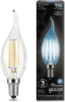 Лампа светодиодная Gauss Filament 9Вт цок.:E14 свеча 220B св.свеч.бел.нейт. CF35 (упак.:10шт) (104801209) - купить недорого с доставкой в интернет-магазине