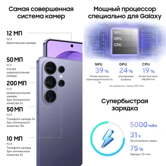 Смартфон Samsung SM-S948B Galaxy S26 Ultra 256Gb 12Gb фиолетовый моноблок 3G 4G 2Sim 6.9" 1440x3120 Android 16 200Mpix 802.11 a/b/g/n/ac/ax/be NFC GPS GSM900/1800 GSM1900 Protect - купить недорого с доставкой в интернет-магазине