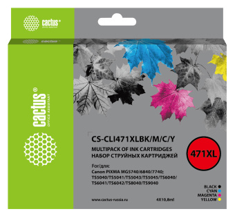 Картридж струйный Cactus CS-CLI471XLBK/M/C/Y CLI-471XL фото черный/голубой/пурпурный/желтый набор (43.2мл) для Canon TS5040/MG5740/MG6840/MG7740 - купить недорого с доставкой в интернет-магазине