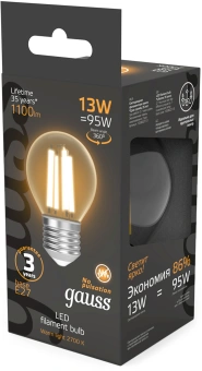 Лампа филам. Gauss Filament 13Вт цок.:E27 шар 220B св.свеч.бел.теп. (упак.:10шт) (105802113) - купить недорого с доставкой в интернет-магазине