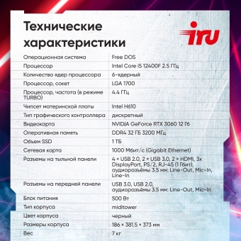 ПК IRU Game 310H6GE MT i5 12400F (2.5) 32Gb SSD1Tb RTX3060 12Gb FreeDOS GbitEth 500W черный (2000614) - купить недорого с доставкой в интернет-магазине