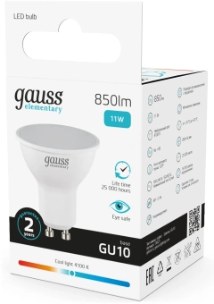 Лампа светодиодная Gauss Elementary 13621 11Вт цок.:GU10 софит 180B св.свеч.бел.нейт. MR16 (упак.:10шт) - купить недорого с доставкой в интернет-магазине