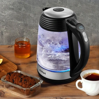 Чайник электрический Kitfort КТ-6126 1.7л. 2200Вт черный/нержавеющая сталь корпус: стекло/пластик - купить недорого с доставкой в интернет-магазине