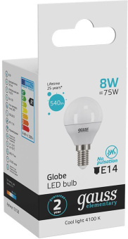 Лампа светодиодная Gauss 8Вт цок.:E14 шар 220B 4100K св.свеч.бел.нейт. G45 (упак.:1шт) (53128) - купить недорого с доставкой в интернет-магазине