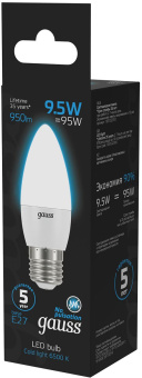 Лампа светодиодная Gauss 103102310 9.5Вт цок.:E27 свеча 220B 6500K св.свеч.бел.хол. (упак.:10шт) - купить недорого с доставкой в интернет-магазине