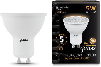 Лампа светодиодная Gauss Black 5Вт цок.:GU10 рефлектор 220B 3000K св.свеч.бел.теп. MR16 (упак.:10шт) (101506105) - купить недорого с доставкой в интернет-магазине