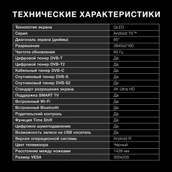 Телевизор QLED Hyundai 65" H-LED65QBU7500 Android TV Frameless черный/серебристый 4K Ultra HD 60Hz DVB-T DVB-T2 DVB-C DVB-S DVB-S2 USB WiFi Smart TV - купить недорого с доставкой в интернет-магазине