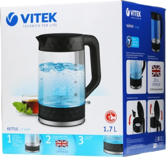 Чайник электрический Vitek VT-8809 1.7л. 2200Вт черный корпус: стекло/пластик - купить недорого с доставкой в интернет-магазине