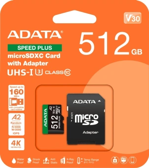 Флеш карта microSDXC 512GB A-Data UD512GUI3V30A2SP-RA1 Speed Plus V30 A2 + adapter - купить недорого с доставкой в интернет-магазине